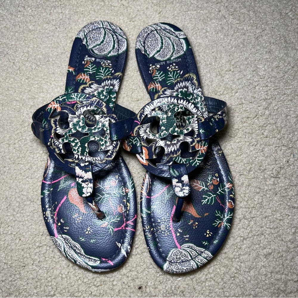 Tory Burch Miller Sandals Shoes Navy Happy Times Floral